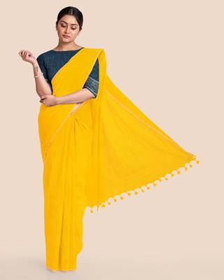 Khadi Handloom Zari Border Saree with Blouse Piece (Yellow) 1