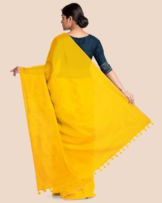 Khadi Handloom Zari Border Saree with Blouse Piece (Yellow) 2