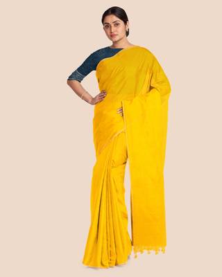Khadi Handloom Zari Border Saree with Blouse Piece (Yellow) 4