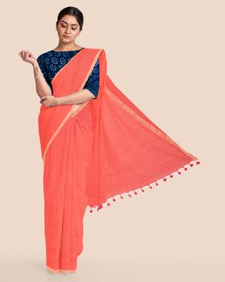 Khadi Handloom Zari Border Saree with Blouse Piece (Peach) 1