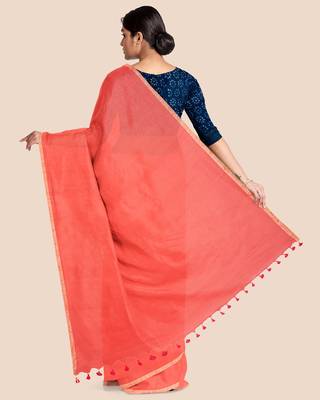 Khadi Handloom Zari Border Saree with Blouse Piece (Peach) 2