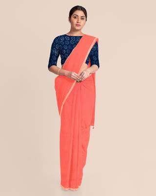 Khadi Handloom Zari Border Saree with Blouse Piece (Peach) 3