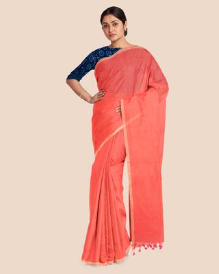 Khadi Handloom Zari Border Saree with Blouse Piece (Peach) 4