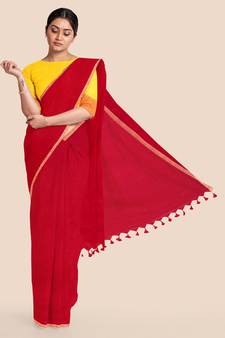 Khadi Handloom Zari Border Saree with Blouse Piece (Red)