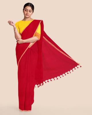 Khadi Handloom Zari Border Saree with Blouse Piece (Red) 1