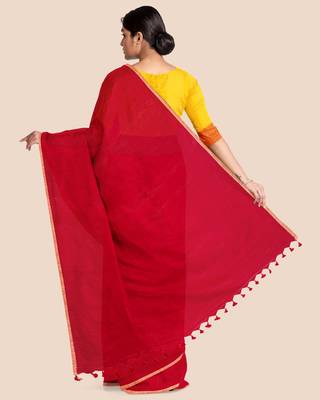 Khadi Handloom Zari Border Saree with Blouse Piece (Red) 2
