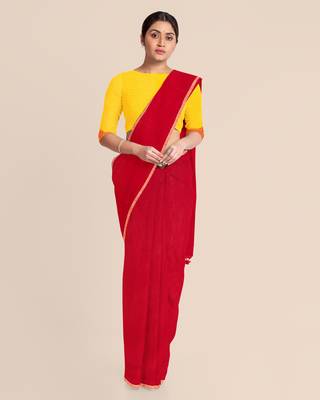 Khadi Handloom Zari Border Saree with Blouse Piece (Red) 3