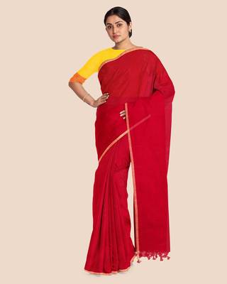 Khadi Handloom Zari Border Saree with Blouse Piece (Red) 4