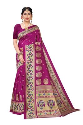 Purple printed art silk saree with blouse 1