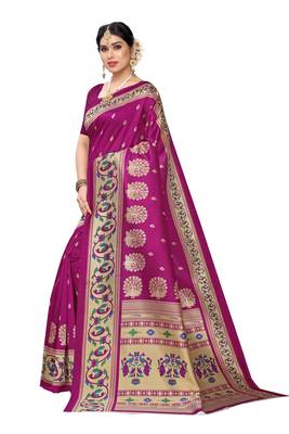 Purple printed art silk saree with blouse 2