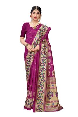 Purple printed art silk saree with blouse 3