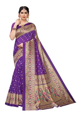 Purple printed art silk saree with blouse 1