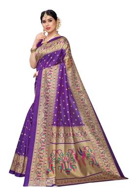 Purple printed art silk saree with blouse 2