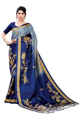 Blue printed khadi saree with blouse 1