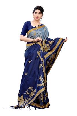 Blue printed khadi saree with blouse 3