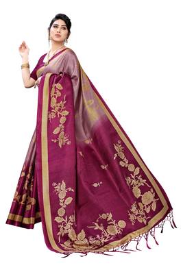 Purple printed khadi saree with blouse 3