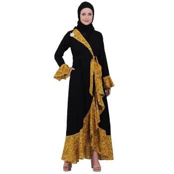 Designer abaya with printed frills- Black-Mustard 1