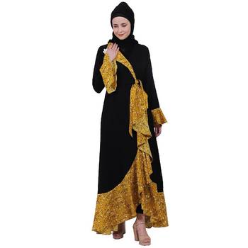 Designer abaya with printed frills- Black-Mustard 2