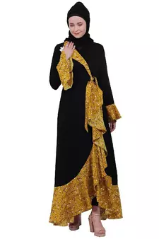 Designer abaya with printed frills- Black-Mustard