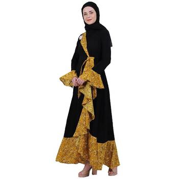 Designer abaya with printed frills- Black-Mustard 3