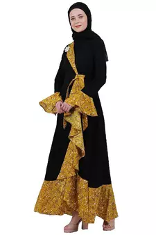 Designer abaya with printed frills- Black-Mustard