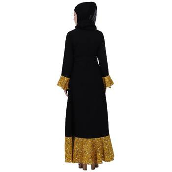 Designer abaya with printed frills- Black-Mustard 4