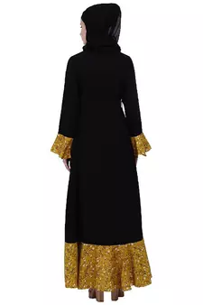Designer abaya with printed frills- Black-Mustard
