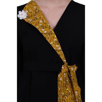 Designer abaya with printed frills- Black-Mustard 5
