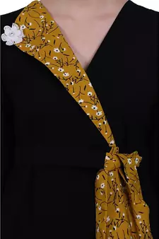 Designer abaya with printed frills- Black-Mustard