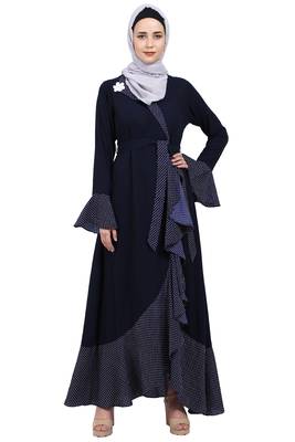 Designer abaya with Polka dotted frills- Navy Blue 1