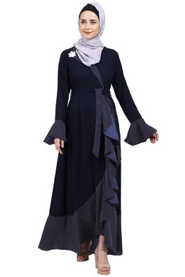 Designer abaya with Polka dotted frills- Navy Blue 2