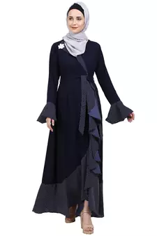 Designer abaya with Polka dotted frills- Navy Blue