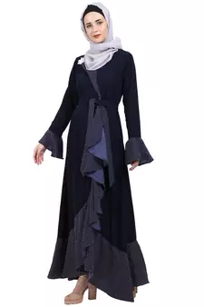 Designer abaya with Polka dotted frills- Navy Blue
