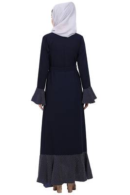 Designer abaya with Polka dotted frills- Navy Blue 5