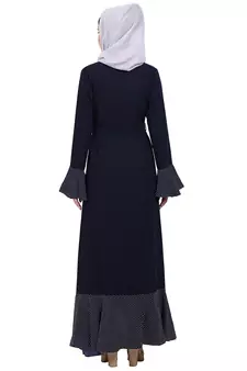 Designer abaya with Polka dotted frills- Navy Blue
