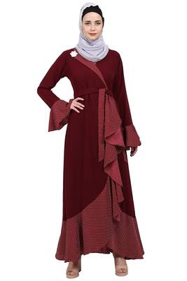 Designer abaya with Polka dotted frills- Maroon 1