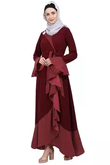 Designer abaya with Polka dotted frills- Maroon