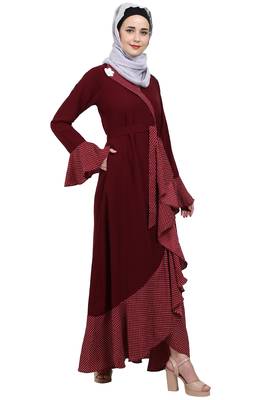 Designer abaya with Polka dotted frills- Maroon 3