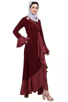 Designer abaya with Polka dotted frills- Maroon