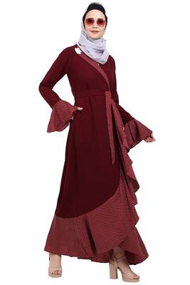 Designer abaya with Polka dotted frills- Maroon 6