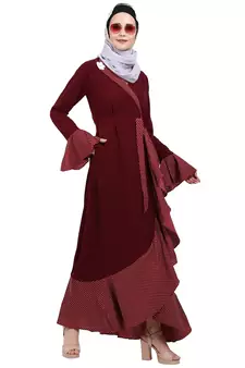Designer abaya with Polka dotted frills- Maroon