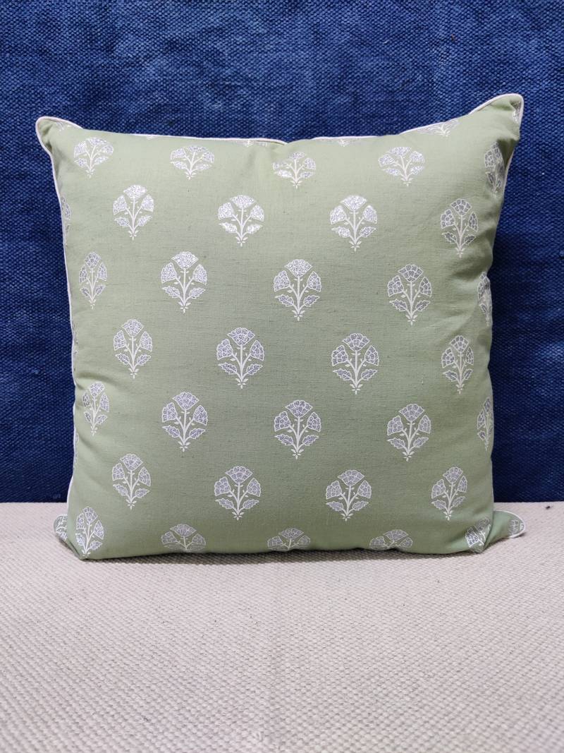 POSA Homes Green Silver Cotton Printed Cushion Cover, Cotton Solid Home Decorative Plain Hand Made Square Pillow Case
