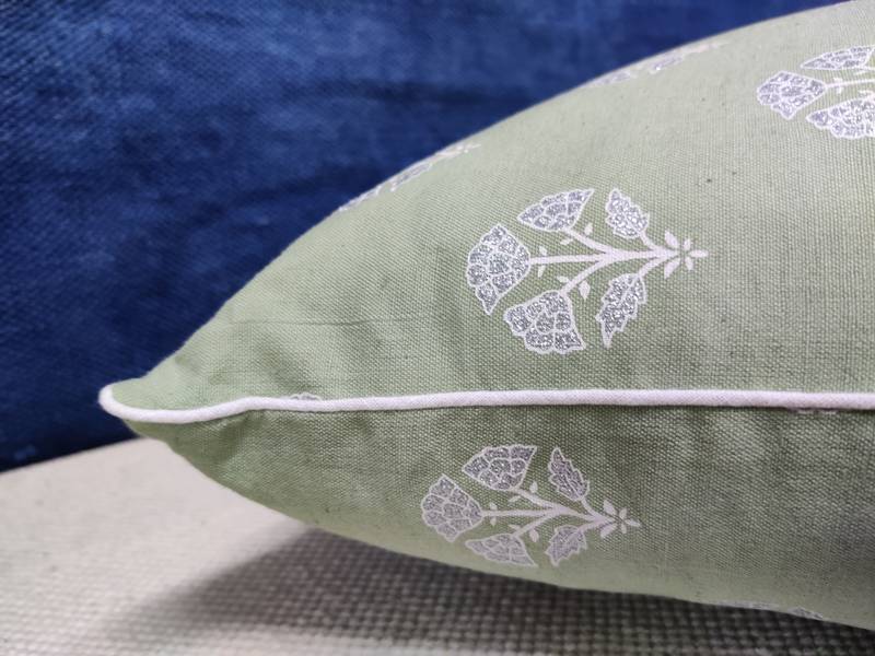 POSA Homes Green Silver Cotton Printed Cushion Cover, Cotton Solid Home Decorative Plain Hand Made Square Pillow Case