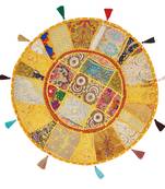 Lalhaveli Traditional Vintage Round Indoor Outdoor Floor Seat Cushion Yellow Khambadiya Patchwork Throw Cushion Cover