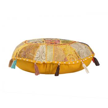 Lalhaveli Traditional Vintage Round Indoor Outdoor Floor Seat Cushion Yellow Khambadiya Patchwork Throw Cushion Cover 2