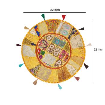 Lalhaveli Traditional Vintage Round Indoor Outdoor Floor Seat Cushion Yellow Khambadiya Patchwork Throw Cushion Cover 4