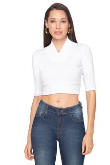 White Knitted Cotton Lycra Readymade Stretchable Saree Blouse