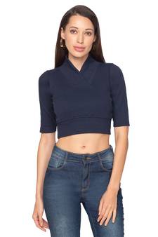 Navy Blue Knitted Cotton Lycra Readymade Stretchable Saree Blouse