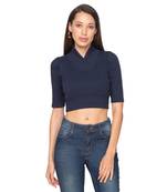 Navy Blue Knitted Cotton Lycra Readymade Stretchable Saree Blouse