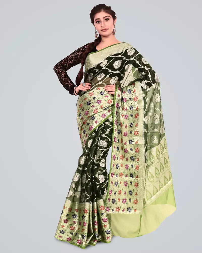 Organza Silk banarasi Meena Skirt Border Saree